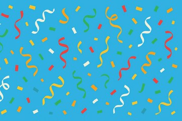 Colorful confetti and streamers are falling against a vibrant blue backdrop, creating a festive atmosphere perfect for celebrations, holidays, or party-themed designs