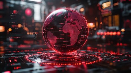 Glowing globe with continents depicted in red, resting on a futuristic platform in a dark setting