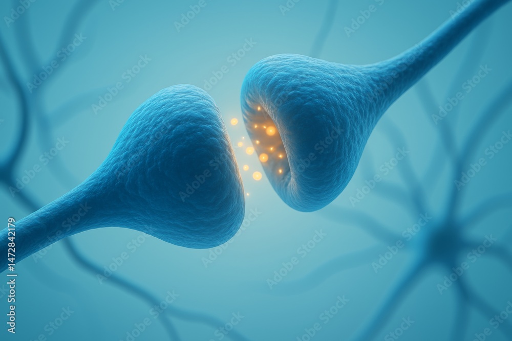 Poster microscopic view capturing synapse activity as neurotransmitters traverse the synaptic cleft, connec