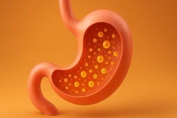 3d rendering of a human stomach showing digestion process with bubbles on orange background, ideal for medical illustrations, health and wellness campaigns, or educational materials