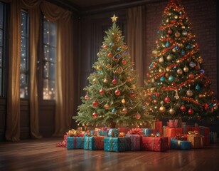 Ornate Christmas tree, vibrant lights, colorful gift wrap beneath ,  yuletide,  xmas