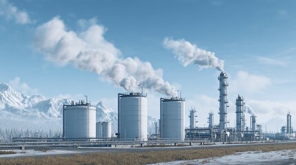 Industrial complex with tanks and chimneys emitting smoke against a winter landscape.