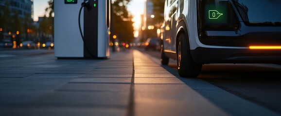 Electric Vehicle Charging Station in Urban Landscape at Sunset with Modern Design