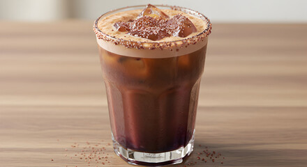 Iced Chocolate Drink Decorated With Chocolate Crumbs On A Wooden Background