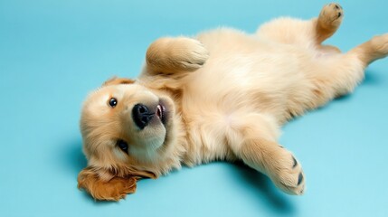   A dog lays on its back with its paws on its back on a blue surface
