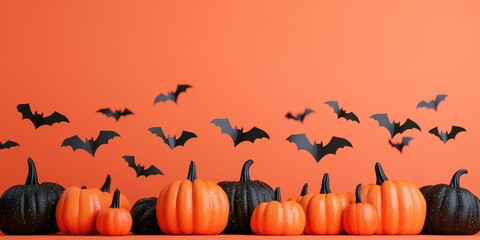 National pumpkin day with Halloween celebration idea. Halloween-themed pumpkins and bats against an orange backdrop.
