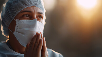 Female doctor with surgical mask and hairnet is joining hands and praying, showing devotion, compassion and trust