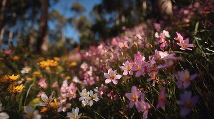 Obraz premium A vibrant field of wildflowers and colorful blooms surrounded by lush greenery, set against a stunning backdrop of endless blue sky
