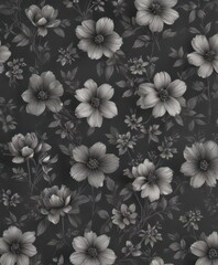 Subtle charcoal grey floral wallpaper  Small scale blooms repeat seamlessly , graphics, muted