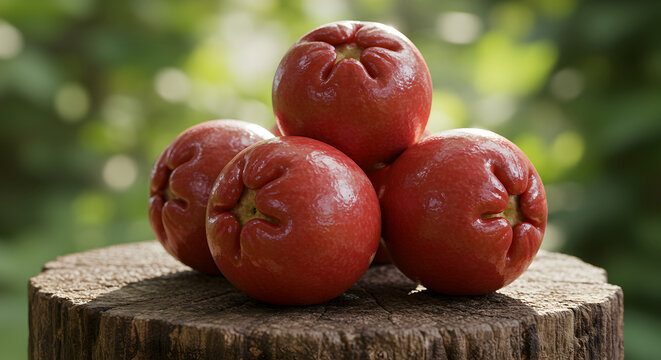Rose Apples Displayed On The Rustic Tree Stump For Freshness