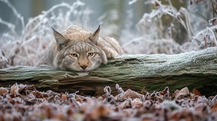   Cat on log in forest with grass and leaves