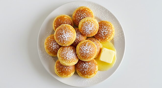 Poffertjes Mini Dutch Pancakes Dusting with Powdered Sugar and Melting Butter on White Plate in High-Resolution Overhead Photograph on White Background