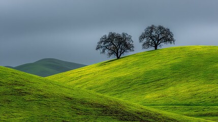   A couple of tall trees atop a green hill during midday with a dark sky backdrop
