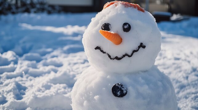 A cheerful snowman in a snowy winter scene.