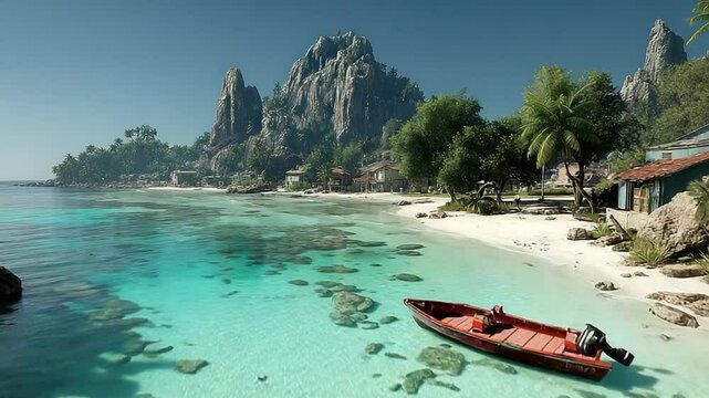 Tropical beach scene with boat