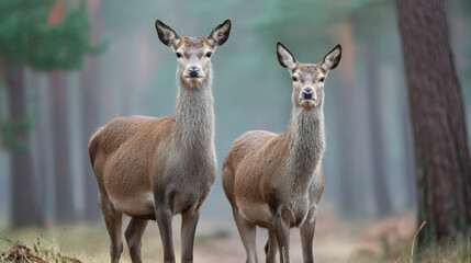 Two red deer hinds standing peacefully in a serene autumn forest, surrounded by trees adorned with vibrant orange and brown leaves