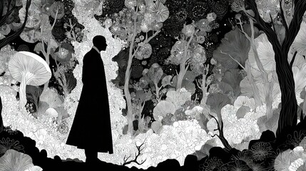   Black-and-white artwork depicts a man positioned under a dense canopy of flora amidst towering trees, shielding himself with an umbrella
