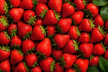 Natural background of fresh strawberries with green stems