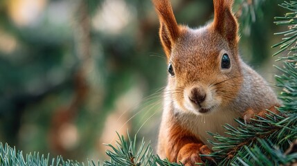   A focused image of a squirrel's facial features emerging from the shadow of a pine branch, featuring a softly blurred environment