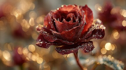   Red close-up of a rose with drops of water Bokeh background with lights