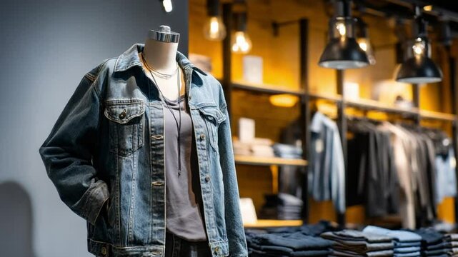 Mannequin wearing denim jacket and gray shirt in clothing store