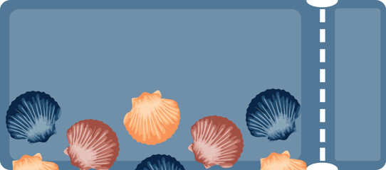 coupon with a marine theme, namely with colorful sea shells of various shapes on a blue background