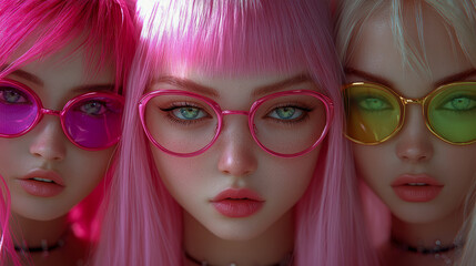 Fototapeta premium Pink Triptych: Fashionable Trio with Colorful Glasses, Stylish Bangs and Youthful Vibe, Perfect as Print for Teen Room or Unique Greeting Card