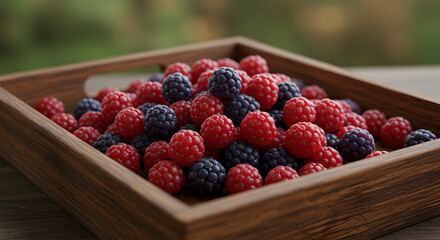 Red And Black Raspberries Freshly Picked In Wooden Container Close Up