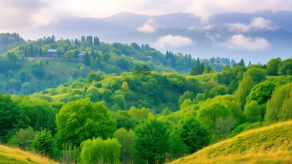Obraz premium Collage of beautiful landscape with mountains forest and river in summer