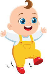 Happy baby boy in yellow overalls and red shoes walking with joy vector illustration 