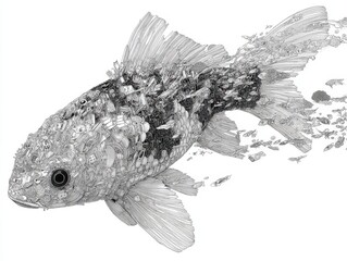 Detailed illustration of a fish in motion, fragmented design.