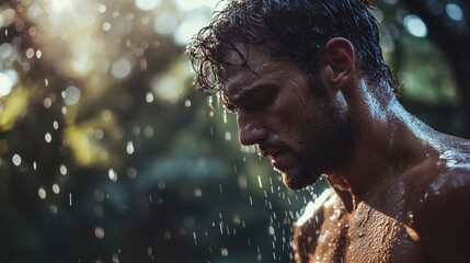 Man Getting Soaked Under Outdoor Shower with Water Droplets