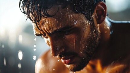 Close-up of Sweaty Athlete after Workout with Water Dripping from Face