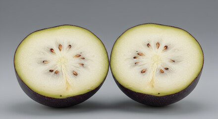 Halved Star Apple Showing Seeds on a Light Gray Background Studio Shot