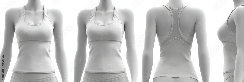 Poster 3d render of mannequin dressed in gym outfit showcasing multiple views of top design and fit suitabl