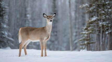 Fototapeta premium A deer stands in snow before a line of trees and a forest covered in snow