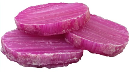 Fototapeta premium Stacked vibrant pink stone slices. Three round, polished, natural gemstone pieces, showcasing striking pink veins. Rough edges and uneven surfaces