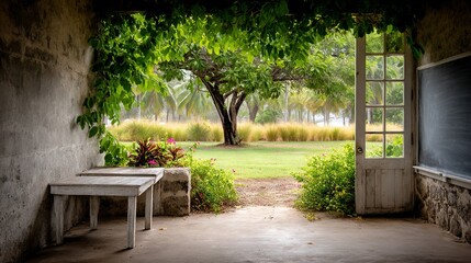   Open grassy door leads to peaceful bench scene with trees in background