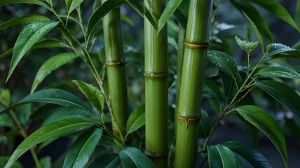 Obraz premium Closeup of green bamboo stalks with fresh leaves in natural environment symbolizing growth and tranquility 