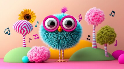 Naklejka premium Whimsical, fuzzy, blue bird sings amidst colorful plants on a pastel landscape