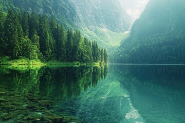 Serene mountain lake reflecting forest