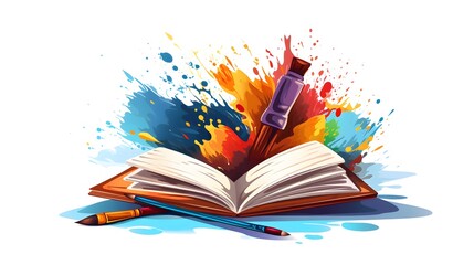Back to School Education: Open Book and Palette with Colorful Bright Paints for Learning