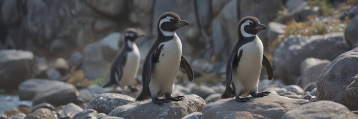 Naklejka premium Humboldt penguin chick amongst rocks near water's edge , bird, animal portrait, white