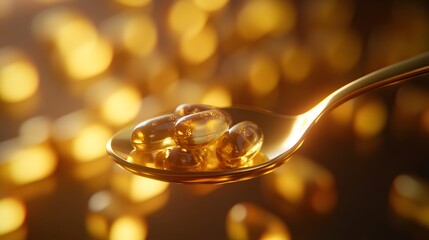 Golden Capsules on a Spoon: A close-up shot showcases a collection of radiant, golden capsules nestled delicately on a spoon, a symbol of health and wellness, ready for consumption.