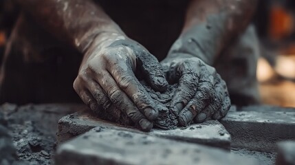 Closeup view of dirty hands shaping dark gray clay mud art work grey soil labor craft earth rough