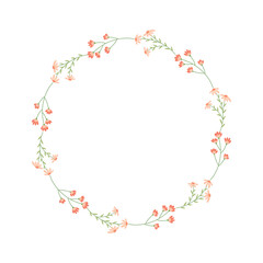 Delicate floral wreath with small hand drawn flowers on white background