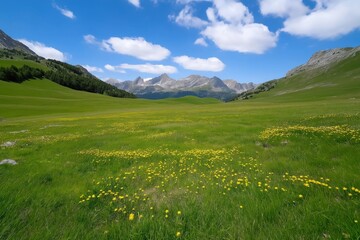 A large field of grass with a few trees in the background. The sky is clear and blue