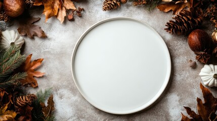 An unoccupied plate surrounded by autumn foliage and natural elements invites guests to contribute their own creative dishes, celebrating the essence of seasonal gatherings.