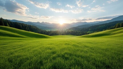 A breathtaking view of a lush green valley illuminated by the rising sun creates an enchanting landscape that embodies tranquility and the beauty of nature in harmony.