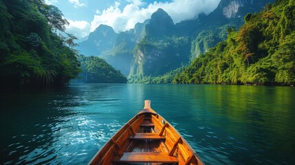 This stunning image captures a wooden boat gliding over crystal-clear waters, framed by lush mountains and foliage, epitomizing tranquility and inviting journeys into nature's embrace.